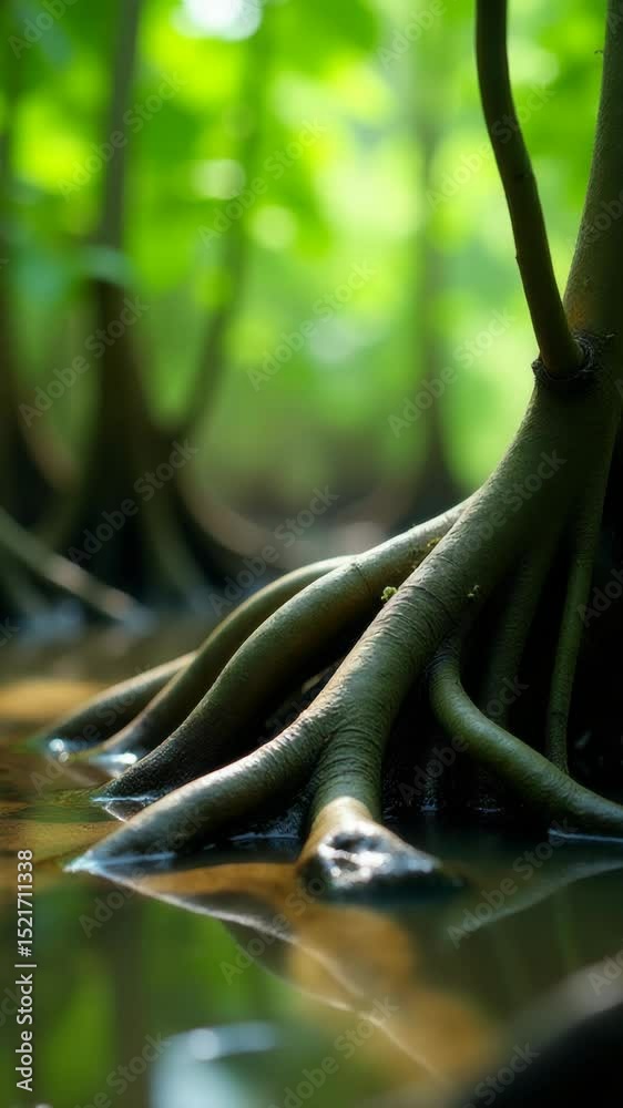 Poster a group of trees standing in shallow water, surrounded by greenery