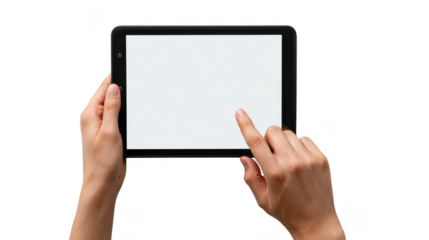 Hands holding tablet with blank screen isolated on transparent background