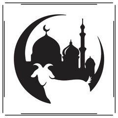 Goat with mosque and crescent moon silhouette – Islamic religious symbol, Eid al-Adha celebration vector, Muslim holiday icon, sacrificial animal design, and festival graphic

