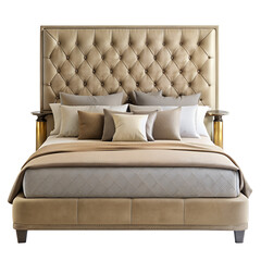 Double Bed with Upholstered Headboard and Pillows on Transparent Background