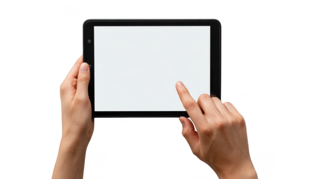 Hands holding tablet with blank screen isolated on transparent background