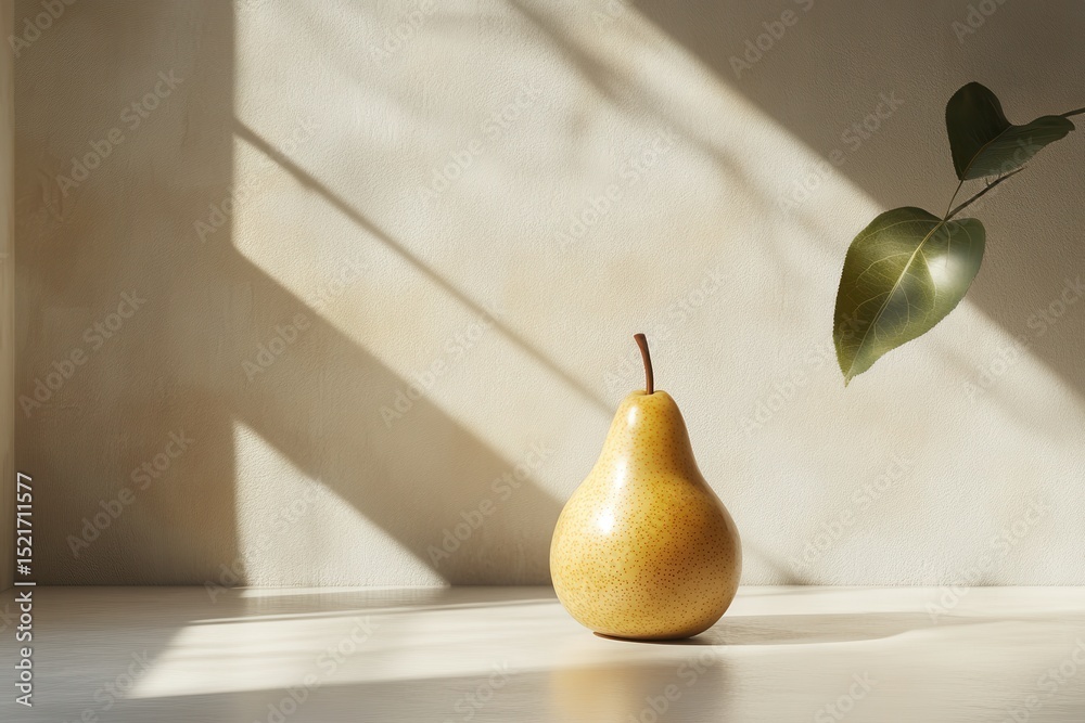 Poster yellow pear positioned on a minimalist surface illuminated by soft shadows cast from nearby foliage 