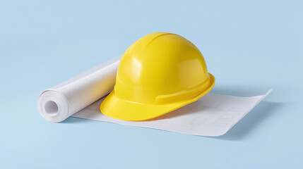 Construction helmet and blueprint roll on a light blue background signify planning and safety in building projects