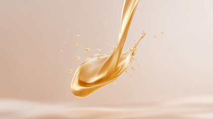 Golden liquid flows gracefully, capturing light and creating delicate splashes on a soft background