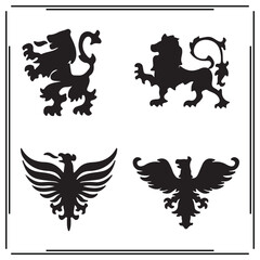 Obraz premium Heraldic animal silhouettes set – black vector lion and eagle icons for medieval coat of arms, vintage crest symbols, royal emblems, fantasy design, tattoo art, and heraldry graphics