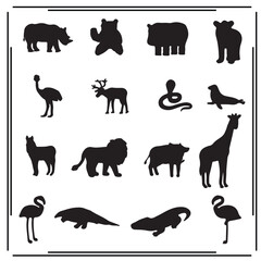 Animal Silhouettes Vector Set – African and Jungle Wildlife Icons Including Lion, Giraffe, Rhino, Snake, Flamingo, Ostrich, Bear, Crocodile, and More on White Background

