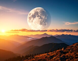 A mystic mountain landscape with a large moon during sunset. 