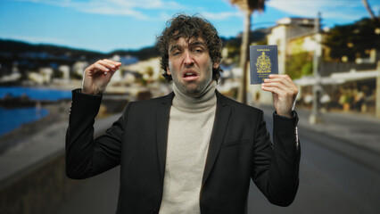 Hispanic man holding a canadian passport with a puzzled expression on a city street under a clear...