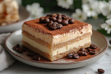 Square tiramisu slice with coffee beans and cocoa on plate, close-up. Use in food blogs, recipe sites, or cafe menus for tasty content.