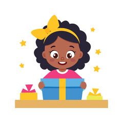 Happy little girl opening birthday gift present