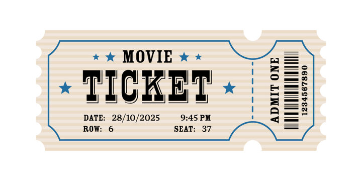 Movie ticket vector template with barcode. Cinema theater admission pass. Movie festival coupon
