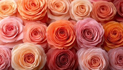 Naklejka premium Many pastel roses are tightly arranged, showing their ruffled petals. Use this for romantic themes like weddings or Valentine's Day designs.