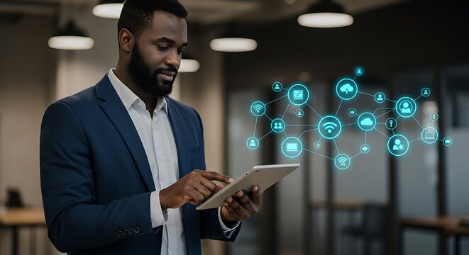 African american businessman using tablet with digital network connections for technology concepts - Powered by Adobe