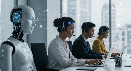 Artificial intelligence and human customer service representatives working in a modern office
