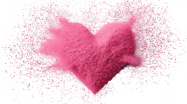 Pink glitter heart exploding isolated on transparent background