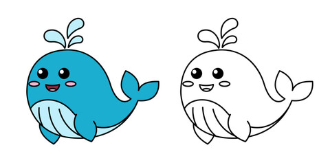 Cute cartoon whale releases a fountain of water. Black and white vector illustration for kids coloring book with example in color