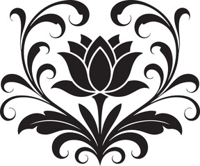 Lotus Floral Ornament – Elegant Black Silhouette Vector | Intricate Black Silhouette of Floral Design Featuring a Lotus and Swirling Leaves