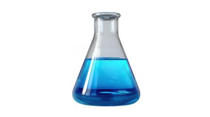 Glass erlenmeyer flask with blue liquid isolated on transparent background