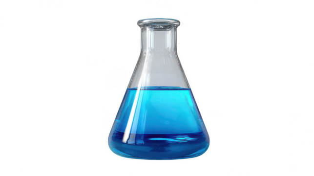 Glass erlenmeyer flask with blue liquid isolated on transparent background