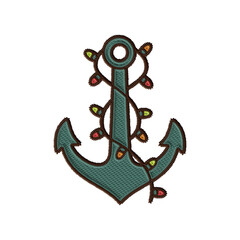 Obraz premium Nautical embroidery clipart of teal anchor wrapped in colorful Christmas string lights. Ideal for July holiday designs, digital crafts, or beach-themed holiday projects.