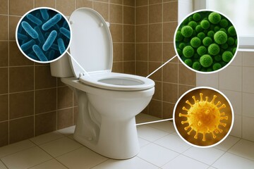 Toilet seat in clean bathroom with magnified views of bacteria and viruses, emphasizing the invisible germs present on bathroom surfaces and the importance of disinfection