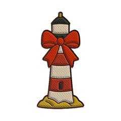 Christmas in July embroidery clipart of coastal lighthouse decorated with a big red festive bow. Retro holiday color palette. Perfect for digital crafts, cards, and stickers.