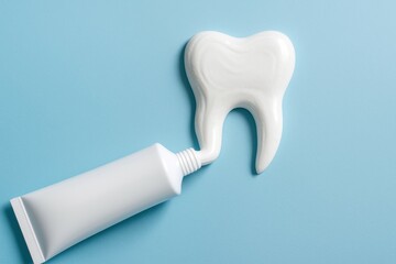 Minimalist dental health concept showing a white toothpaste forming the shape of a molar tooth on a soft blue background, emphasizing oral hygiene