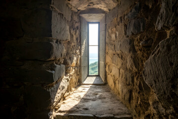 Obraz premium Narrow Stone Window in Ancient Fortress with Scenic View of Nature and Clear Blue Sky Illuminated by Soft Sunlight