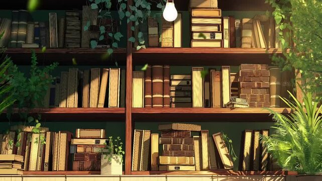 Old Library Books with bookshelf and landscape view in anime or cartoon illustration style animation background  - Powered by Adobe