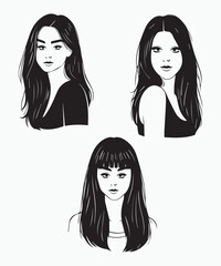Female Silhouette Vector Portraits with Long Hair.