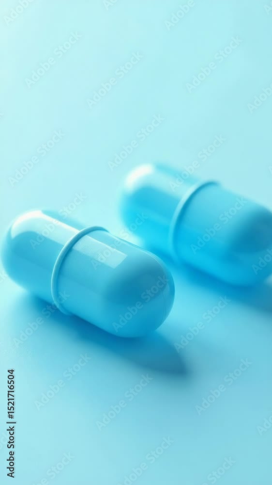 Poster a pair of pills sitting on a blue surface, possibly for display or use