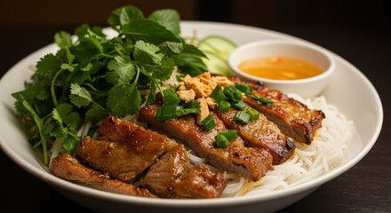 Fototapeta premium Authentic Vietnamese Bun Cha dish with grilled pork, fresh herbs and vermicelli