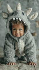 Cute child in fluffy monster costume playing indoors with a joyful expression captured during a fun moment