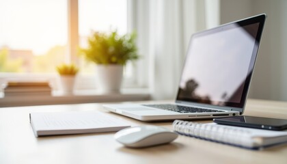 Fototapeta premium Modern workspace with laptop and stationery by the window