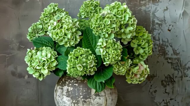 A stunning arrangement of vibrant green hydrangeas beautifully displayed in a wide stone vase, adding a touch of nature and elegance to any interior setting.