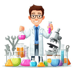 Cartoon scientist with lab equipment isolated on transparent background