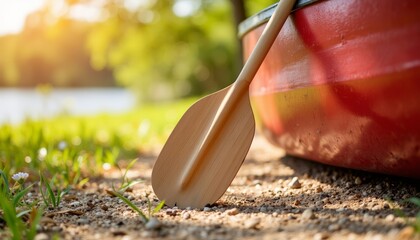 Wooden paddle resting on shore beside red kayak by the lake  