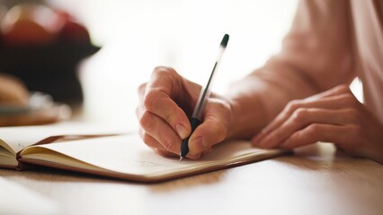 Camera view of woman's hand holding pen and writing on diary. Female sitting at desk in home or...