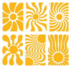 Abstract yellow sun designs in retro groovy style