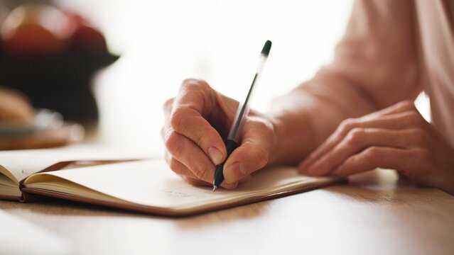 Camera view of woman's hand holding pen and writing on diary. Female sitting at desk in home or office. Making marks in notepad. Noting shopping list or creating household tasks on paper.