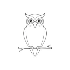 Wise owl perched on branch simple line drawing