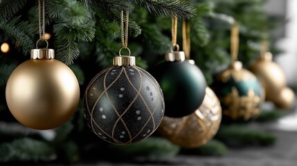 Festive green Christmas tree decorated with golden ornaments and shimmering baubles