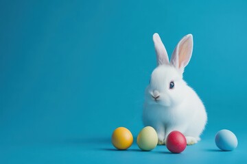 Cute bunny with colorful eggs on blue, A cute bunny surrounded by colorful eggs on a blue background, evoking a cheerful springtime scene