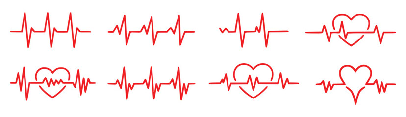 Red heartbeat ecg line set on white background