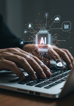Person typing on a laptop with a glowing ai circuit board graphic overlay