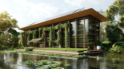 Obraz premium Advanced rendering of sustainable agricultural architecture highlighting vertical farming systems aquaponic greenhouses and renewable resource management