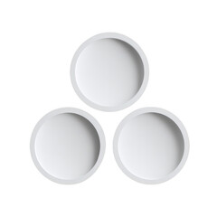 Three white circular shelves isolated on transparent background