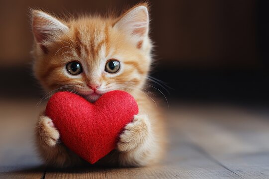 Cute kitten holding heart HAPPY VALENTINE'S DAY, Adorable kitten holding a heart with a "Happy Valentine's Day" message, conveying love and affection - Powered by Adobe