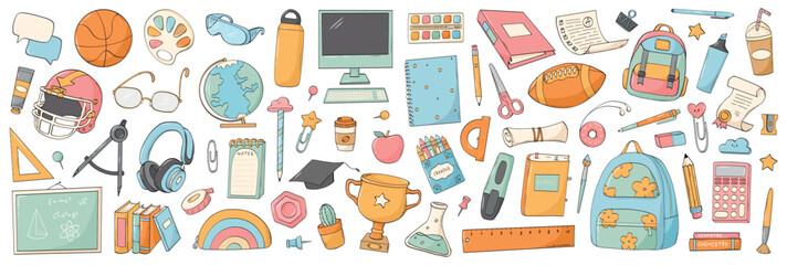 Back to school cartoon elements, school supplies doodles set, clipart for stickers, social media, stationery, banners, posters, cards, prints, icons, etc. EPS 10