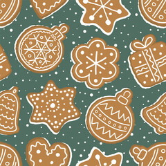 Christmas Cookies Pattern. Seamless Print with Gingerbread Cookies. Gingerbread Balls, Bell, Heart, Star, Gift Box, Flower. Winter Background. Template. Vector illustration on Green Background